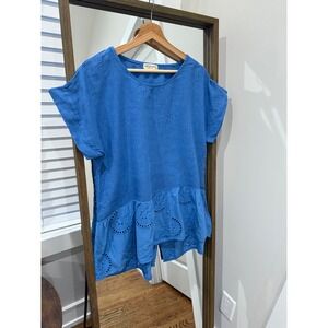 Terzo Millennio Blue Linen Eyelet Peplum Top Made in Italy Size S